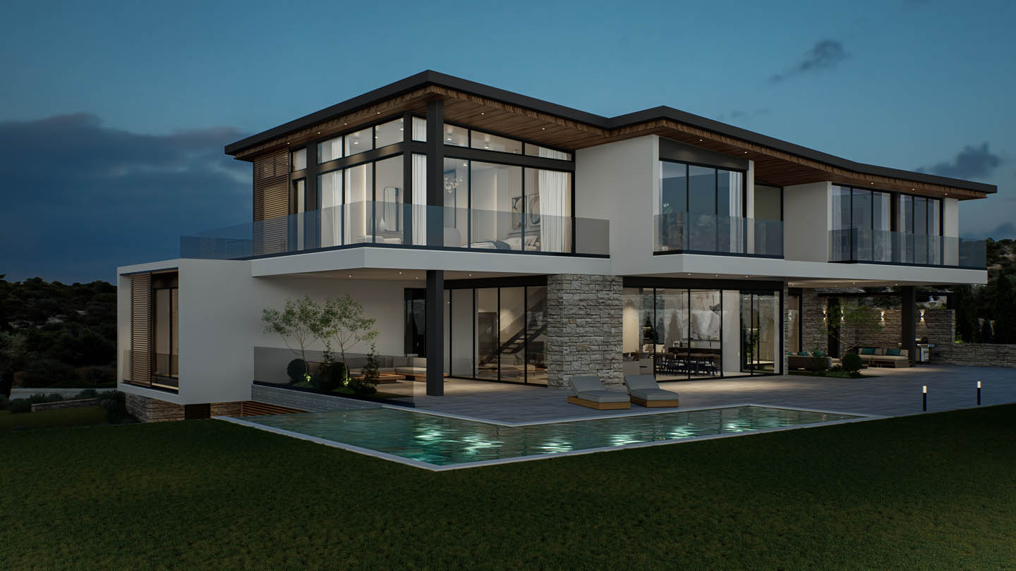 new-sea-view-villa-property-for-sale-paphos-cyprus-golf-course-Night View 5-Bedroom Villa with a Private Pool on Golf Course
