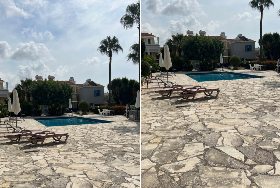 Two-bedroom villa with a private garden and communal swimming pool