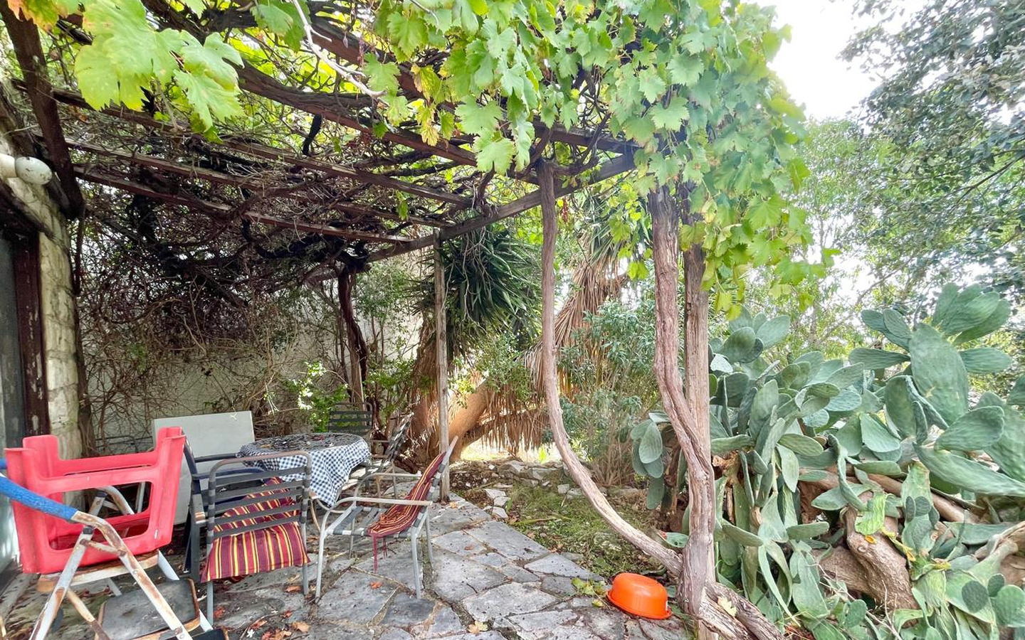 06_Exterior_stone-house-for-sale-paphos-cyprus One-bedroom stone cottage with a fireplace and a beautiful green garden